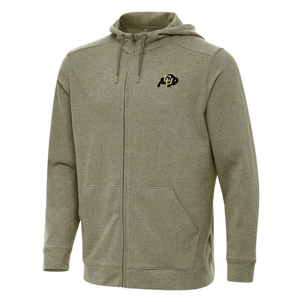 An olive heather Antigua men's full zip hoodie with adjustable hood, 2 side pockets, and C.U buffalo logo.